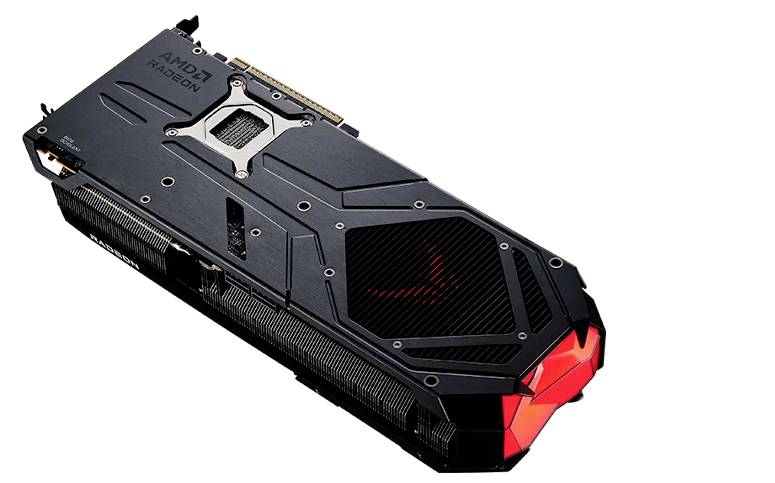 Czarna karta graficzna AMD z charakterystycznym czerwonym elementem designu. Na obudowie widnieje napis 'AMD Radeon', a całość prezentuje nowoczesny wygląd.