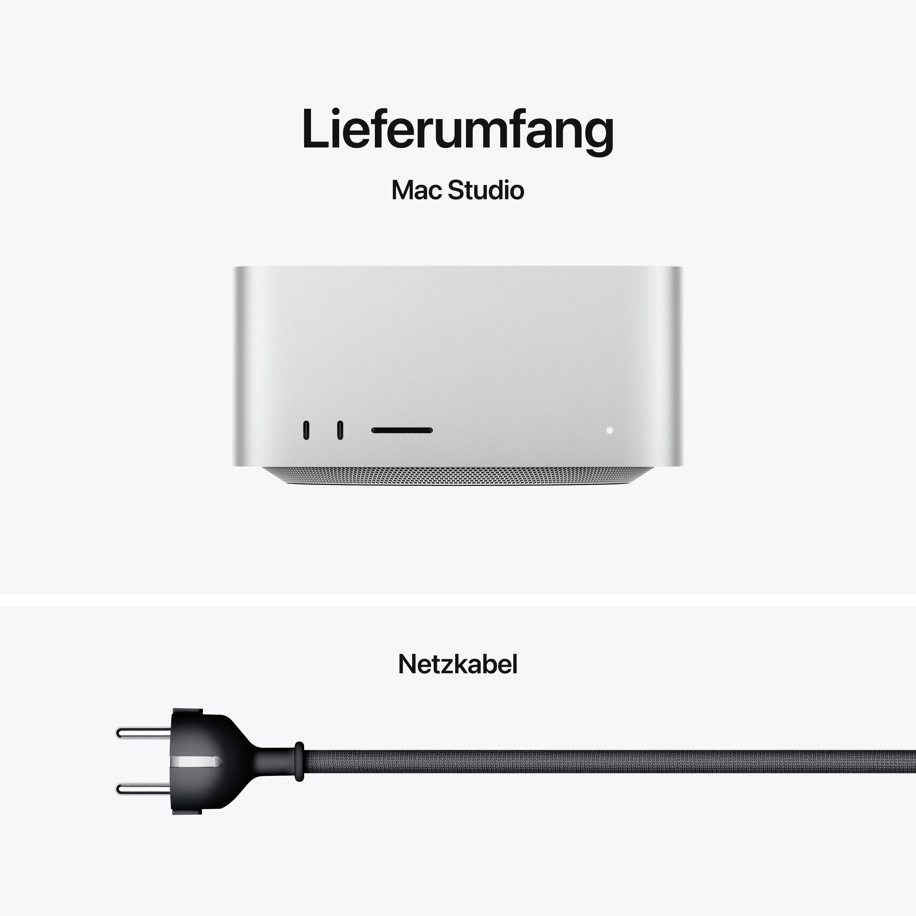 Na ilustracji przedstawiono komputer i kabel sieciowy pod nagłówkiem 'Zawartość zestawu Mac Studio'.