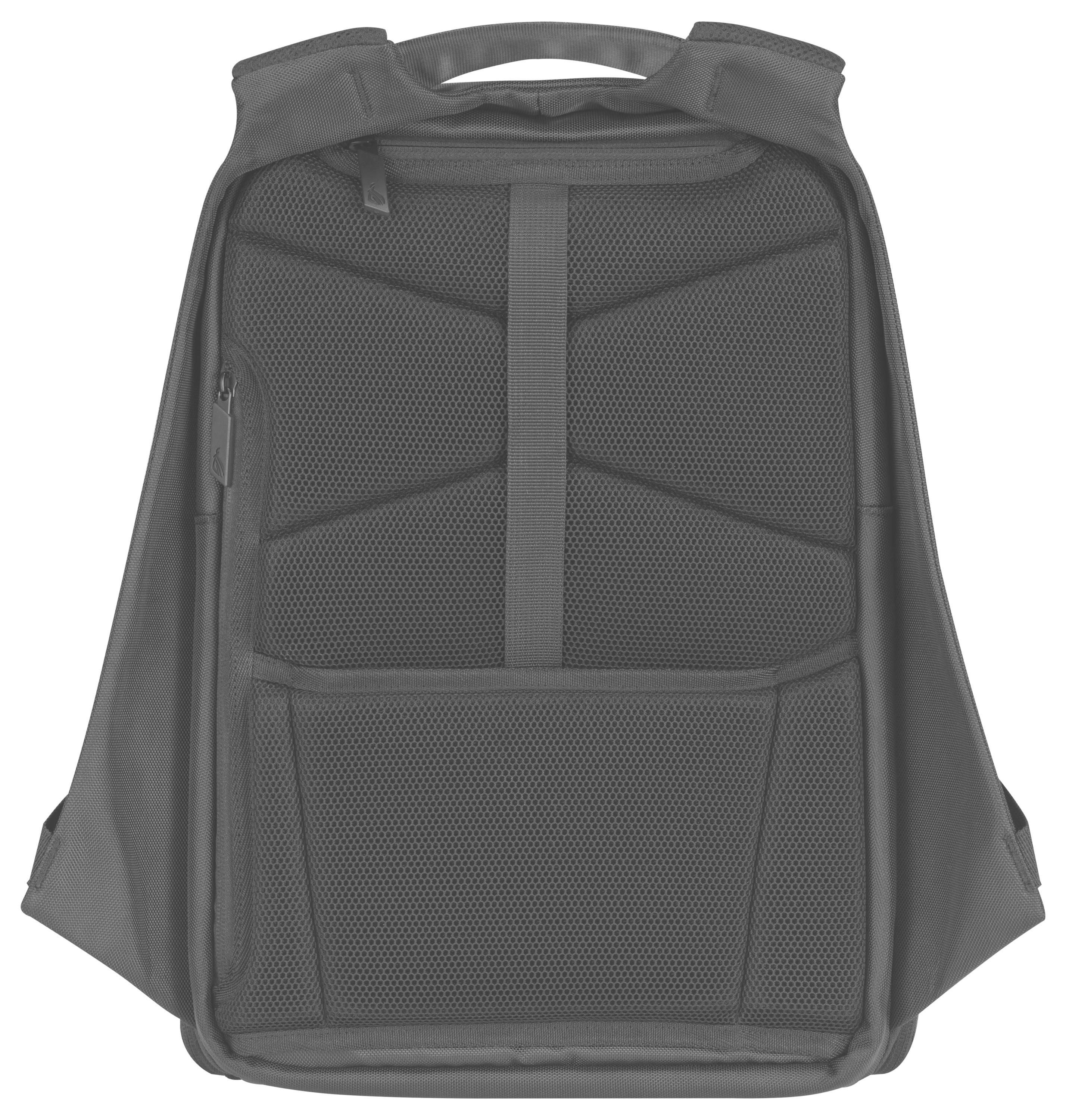 Szary plecak z wieloma komorami i wyściełanym tyłem jest pokazany od tyłu. Idealny do podróży lub codziennego użytku.