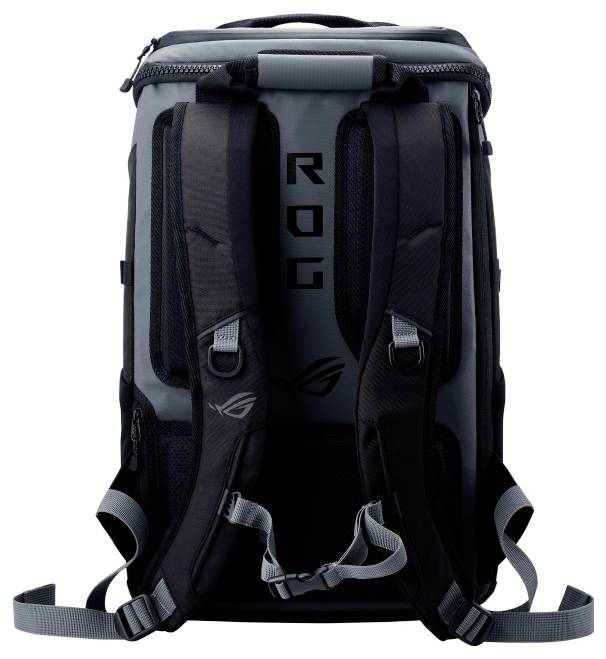 Szary i czarny plecak z wyściełanymi paskami i charakterystycznym wzornictwem.