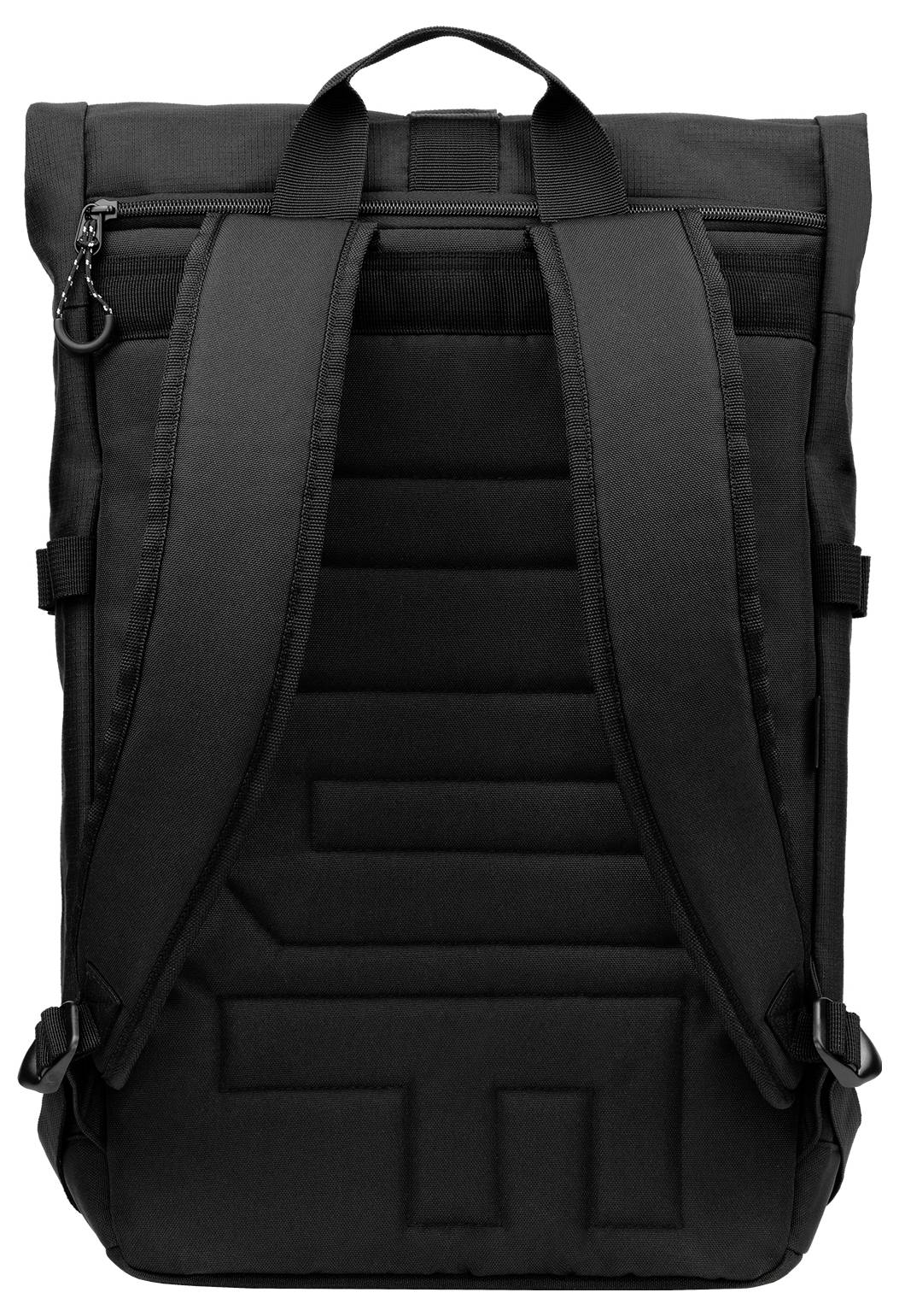 Czarny plecak widziany od tyłu, z wyściełanymi paskami na ramiona i górnym uchwytem, o prostym designie bez widocznego logo lub wzoru.