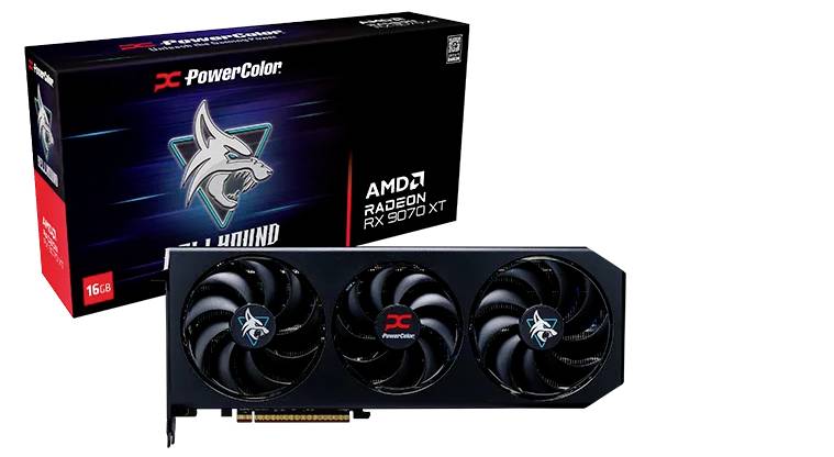 Karta graficzna PowerColor Hellhound AMD Radeon RX 6700 XT z 16 GB pamięci VRAM, w czarnym designie, z trzema wentylatorami i opakowaniem z logo wilka.