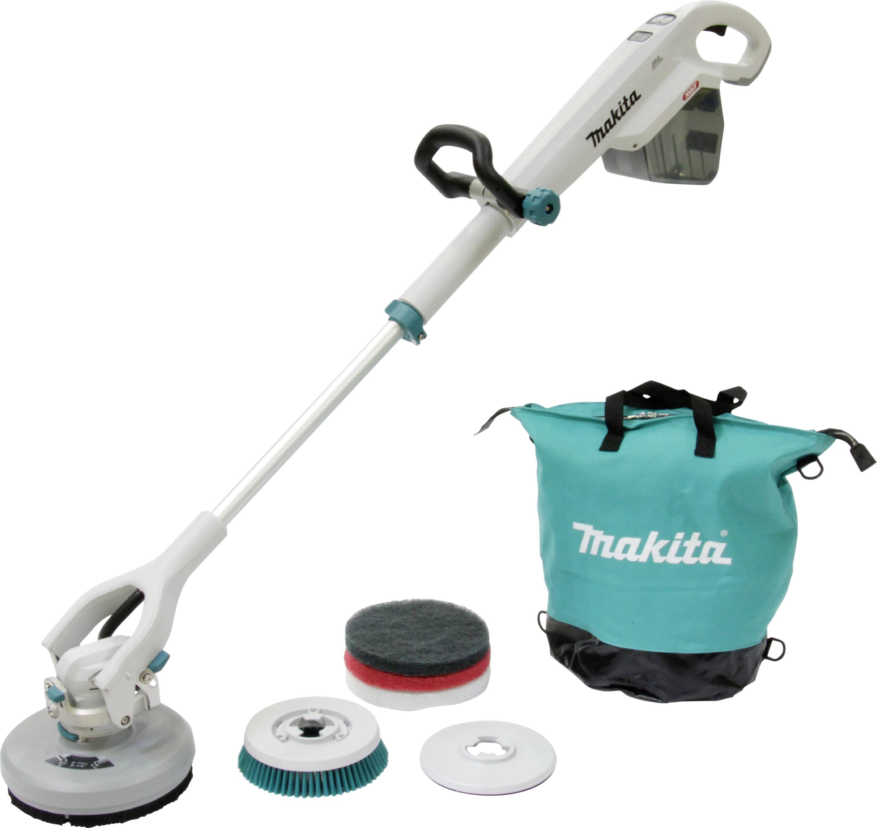 Maszyna do polerowania podłóg z długą rączką, różnymi tarczami polerskimi i torbą transportową, wszystko w kolorach białym i turkusowym.