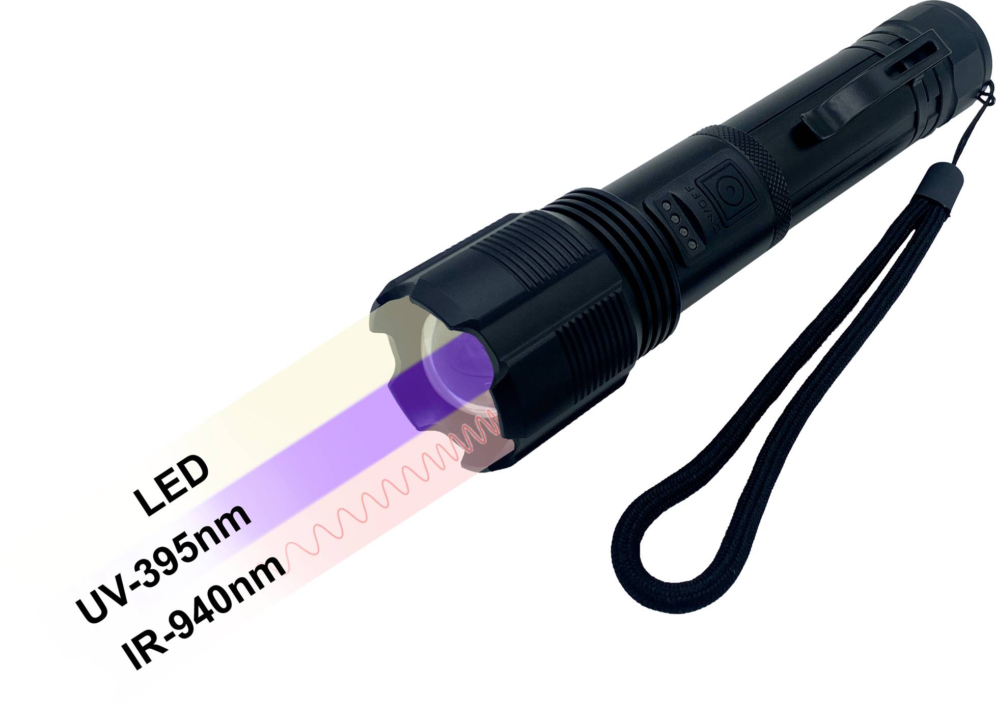 Latarka emituje trzy rodzaje światła: LED, światło UV o długości 395 nm oraz światło podczerwone o długości 940 nm. Z pętlą do trzymania.