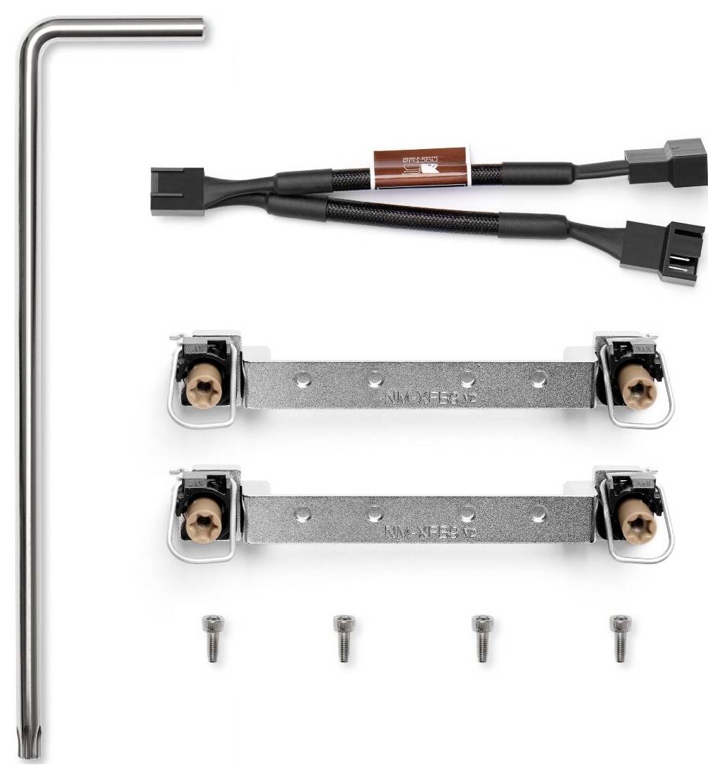 Klucz imbusowy w kształcie litery L, dwie metalowe wsporniki, kabel adapter oraz śruby. Akcesoria do mocowania komponentów komputerowych.