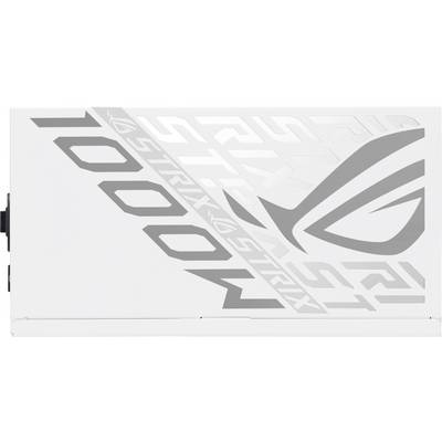 Biała karta graficzna z napisem 'ROG Strix' i '1000W' w kolorze szarym. Wyraźne logo ROG po prawej stronie.