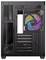 Czarne obudowie komputera, widok od tyłu z otwartą siateczkową konstrukcją, prezentuje podświetlony wentylator z tęczowymi diodami LED oraz slotami rozszerzeń.