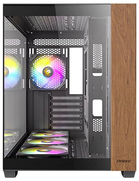 Obudowa komputera z przezroczystą boczną ścianką i drewnianymi akcentami. Wewnątrz widoczne są wentylatory podświetlone RGB. Nadaje się do samodzielnego złożenia.