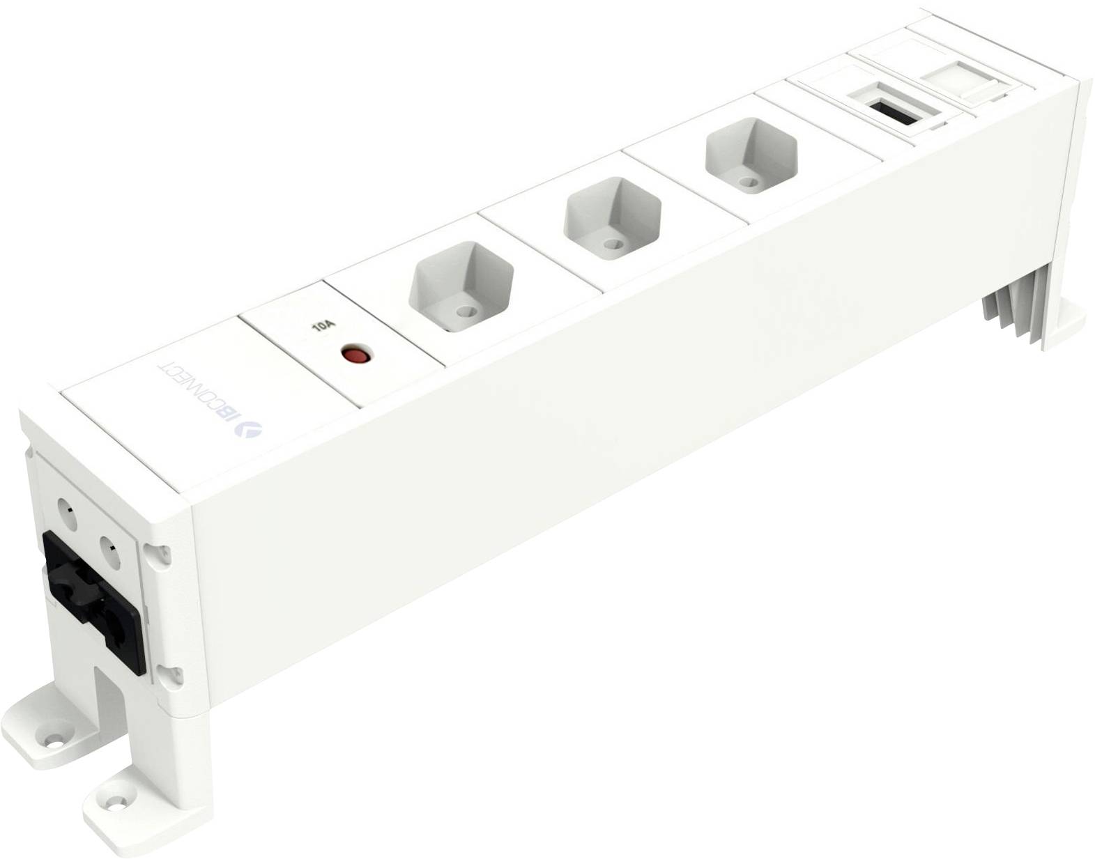 Biała listwa zasilająca z czterema gniazdami elektrycznymi i jednym złączem USB, przystosowana do montażu naściennego, z czerwoną diodą LED sygnalizacyjną.