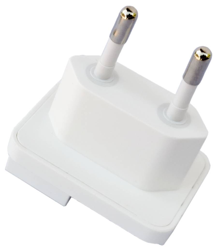 Biały adapter wtykowy z dwoma okrągłymi metalowymi stykami do włożenia w gniazdko elektryczne.