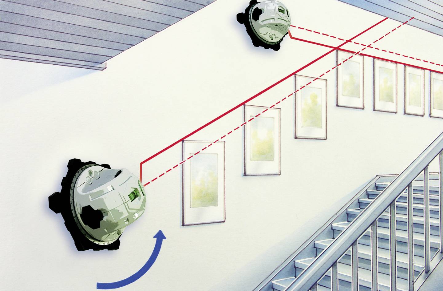 Klatka schodowa z dwoma okrągłymi urządzeniami na ścienie, połączonymi czerwonymi liniami. Urządzenia wyglądają na laserowe przyrządy pomiarowe.