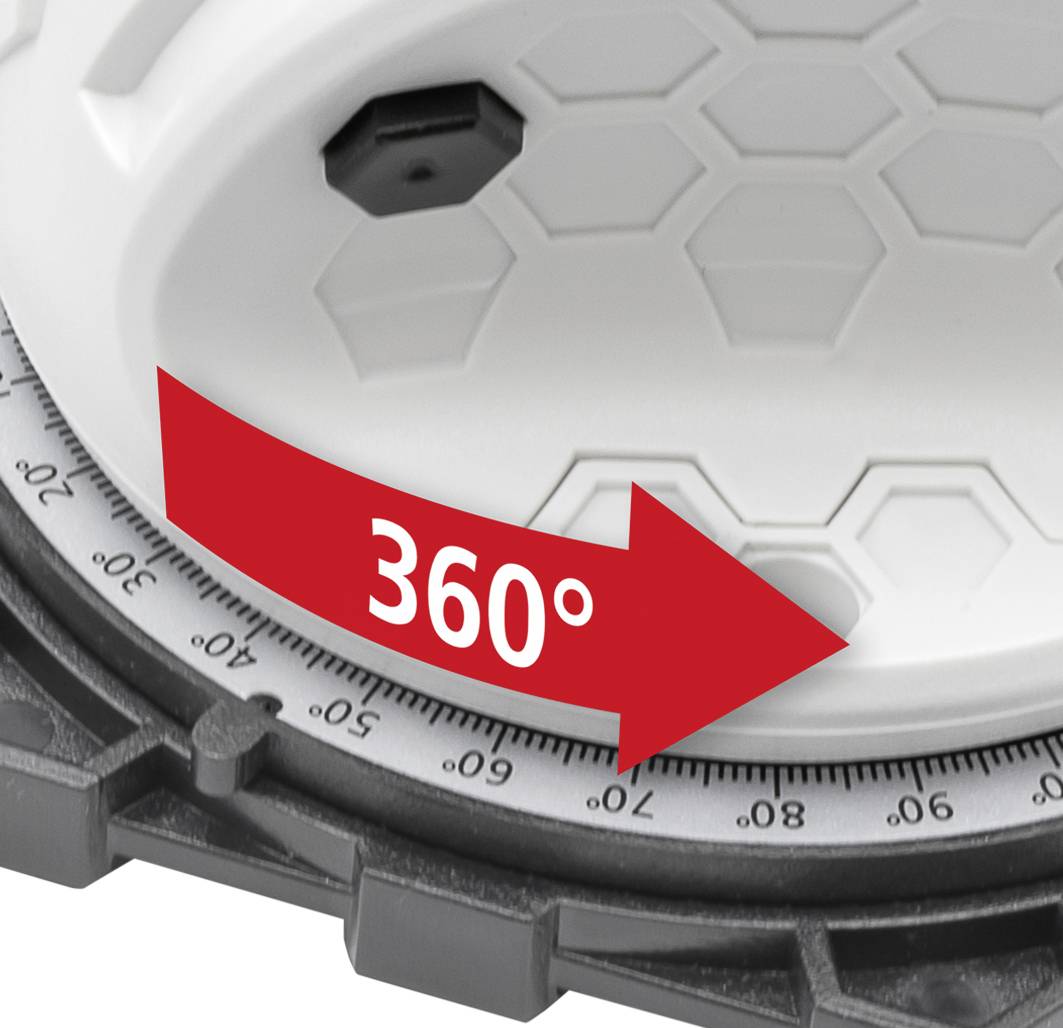 Zbliżenie narzędzia pomiarowego z 360-stopniową strzałką na tarczy z oznaczeniami kątowymi, ilustrujące precyzję.