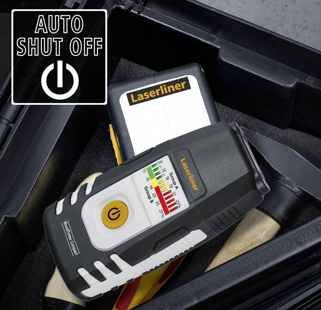 Miernik laserowy firmy Laserliner leży w walizce narzędziowej. Obok urządzenia widoczny jest symbol 'AUTO SHUT OFF'.