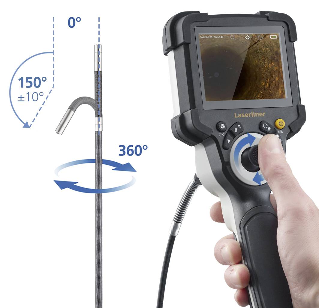 Dłoń trzyma endoskop z obrotową kamerą i ekranem. Po lewej stronie przedstawiono zakres elastycznego pochylenia kamery od 0 do 150 stopni oraz obrotu o 360 stopni.