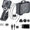 Zestaw kamery inspekcyjnej z monitorem, 2-metrowym kablem, walizką transportową, akumulatorem litowo-jonowym, kartą pamięci, kablem USB-C i różnymi adapterami.