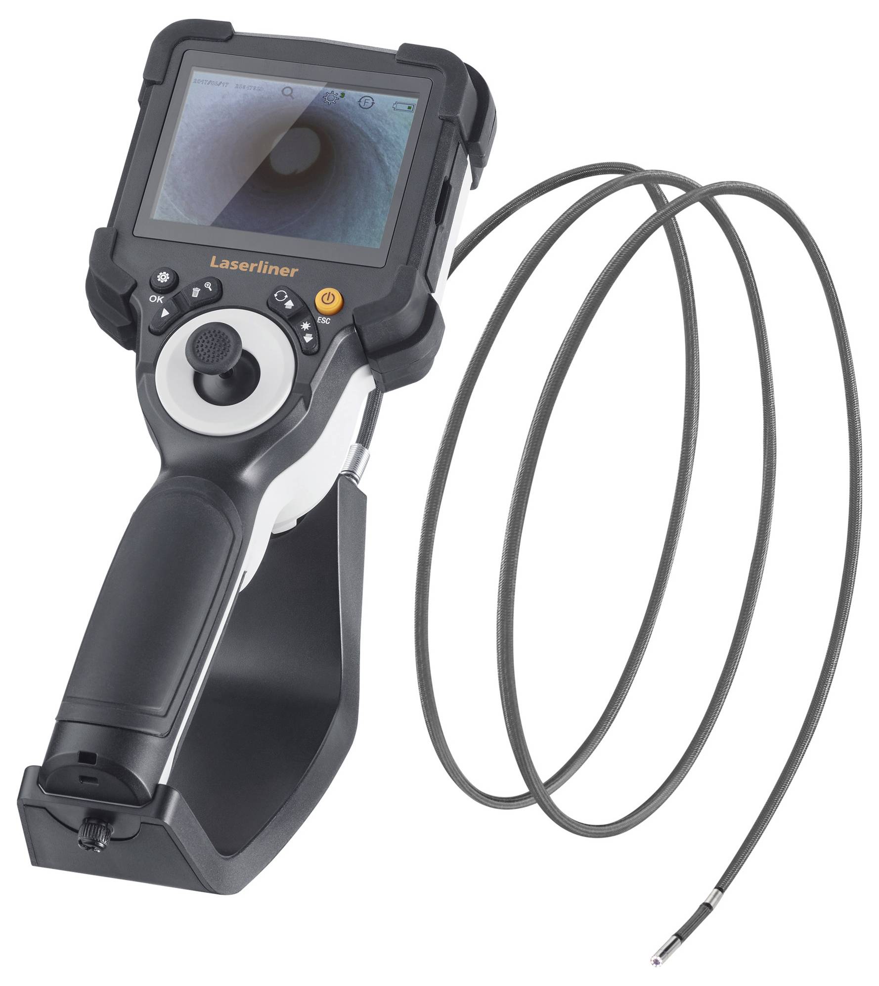 Kamera inspekcyjna z elastycznym przewodem i ekranem do przeprowadzania badań, przydatna w trudno dostępnych miejscach.