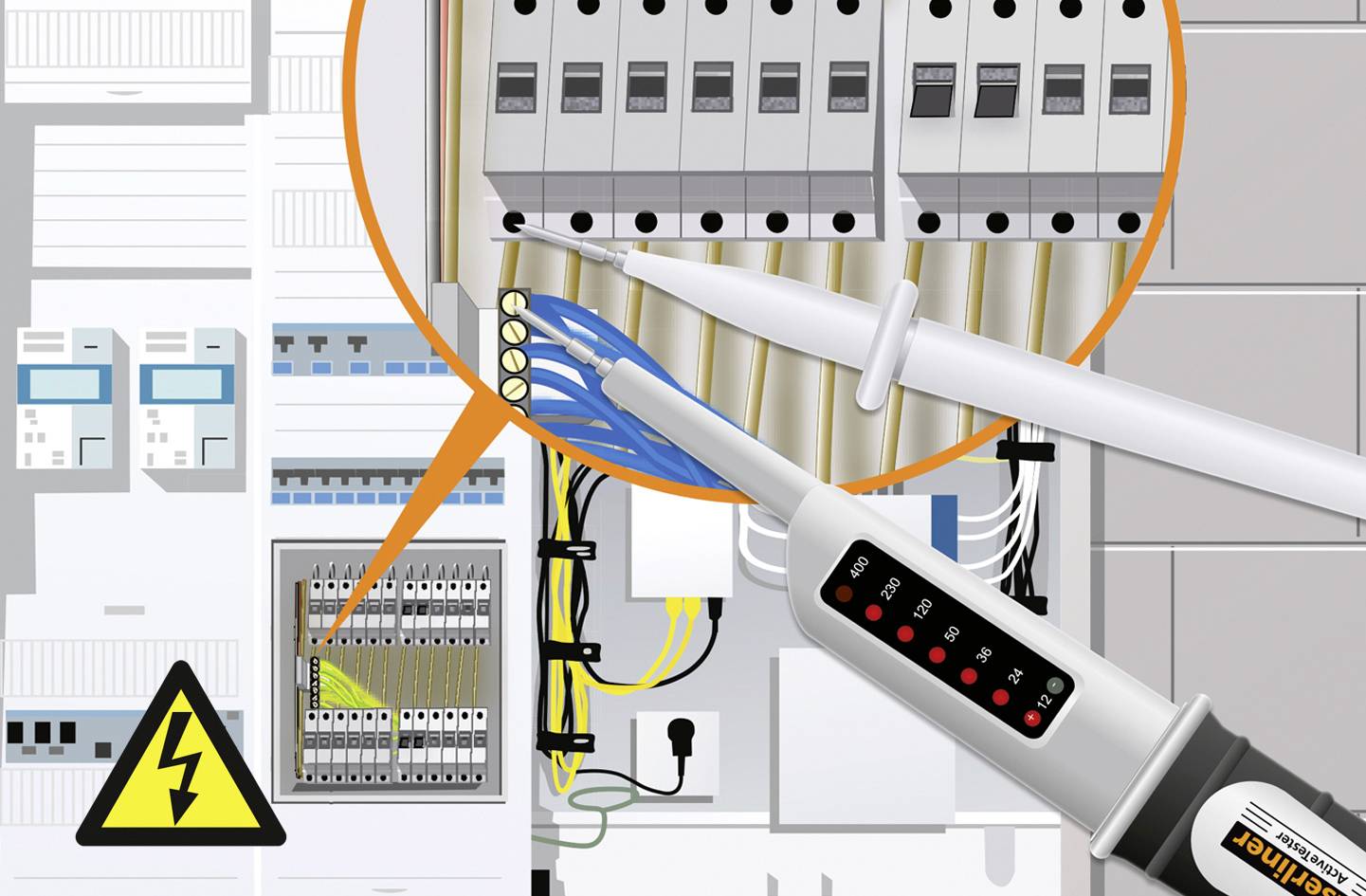 Skrzynka rozdzielcza elektryczna z otwartą tablicą bezpieczników. Wskaźnik napięcia wskazuje na zaizolowane przewody, które są sprawdzane pod kątem obecności napięcia.