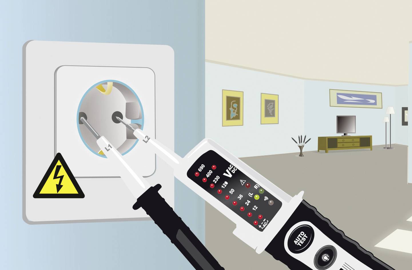 Tester napięcia jest przyłożony do gniazdka elektrycznego w celu zmierzenia napięcia. W tle widać salon.