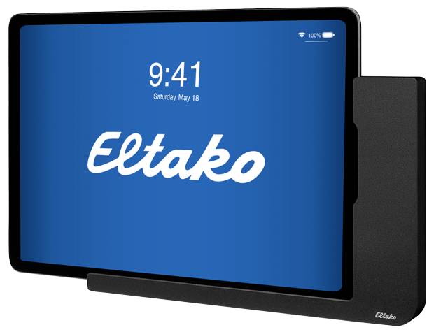 Tablet wyświetla godzinę 9:41 i datę 'Sobota, 18 maja'. Na ekranie widnieje logo 'Eltako'.