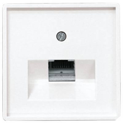 Biała ścienna wtyczka Ethernet z gniazdem RJ45 pośrodku.