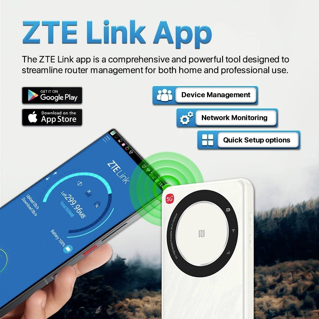 Aplikacja ZTE Link: Reklama aplikacji prezentującej zarządzanie siecią i monitorowanie w celu usprawnienia ustawień routera.