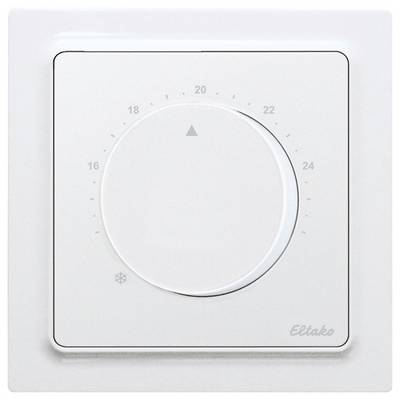 Biały, naścienny termostat z pokrętłem regulacji temperatury w zakresie od 16 do 24 stopni Celsjusza.