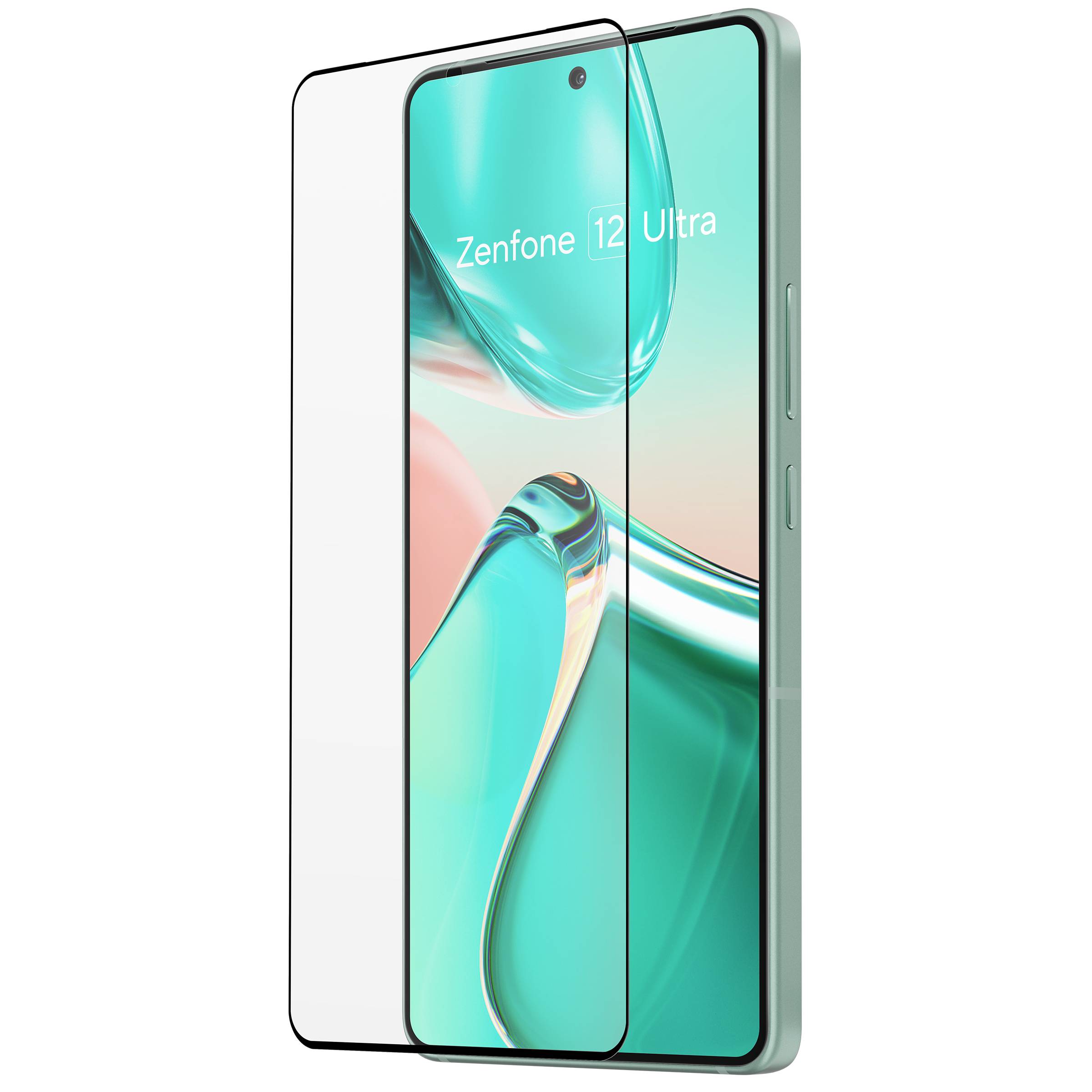 Smartfon z zaokrąglonymi krawędziami i dużym ekranem; widoczny napis 'Zenfone 12 Ultra'. Tylna część i aparat nie są widoczne.