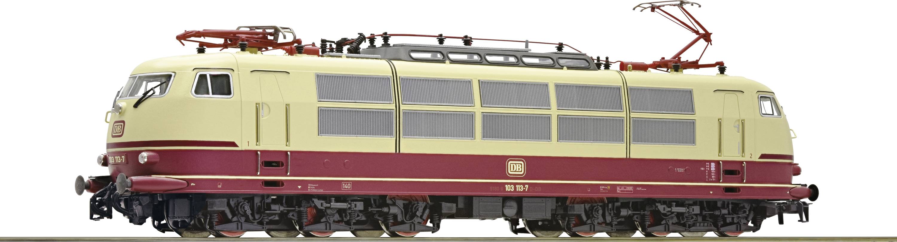 Beżowo-czerwona lokomotywa elektryczna Deutsche Bahn w skali modelowej, widziana z boku.