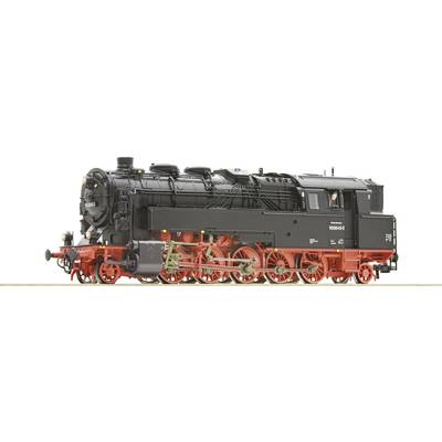Lokomotywa modelarstwa kolejowego serii 86 z czarnym kotłem i czerwonymi kołami, przedstawiona na fragmencie szyny.
