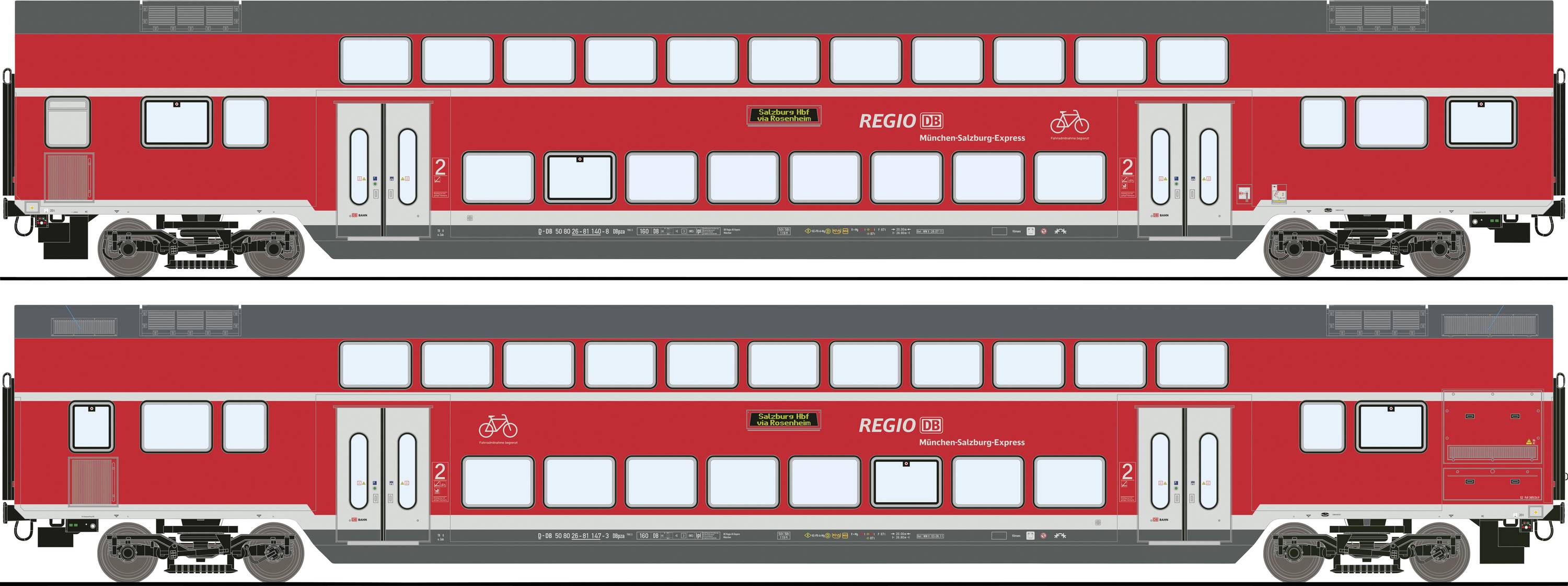 Dwupoziomowy pociąg regionalny Deutsche Bahn w kolorze czerwonym, widok z boku. Górny i dolny pokład z dużymi oknami. Drzwi na obu końcach.