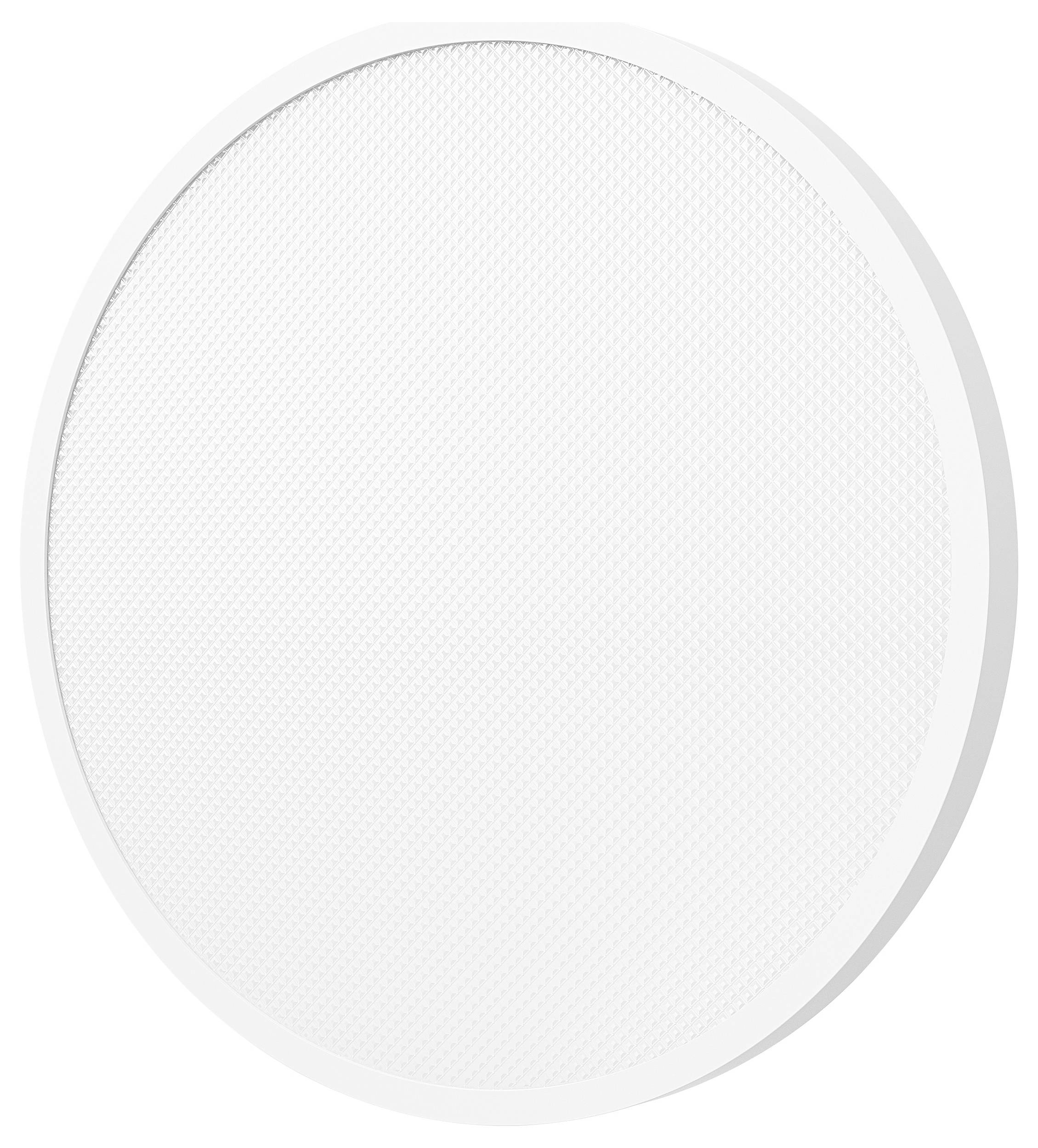 Biały, okrągły grill głośnikowy z delikatnym wzorem siatki, na neutralnym tle.