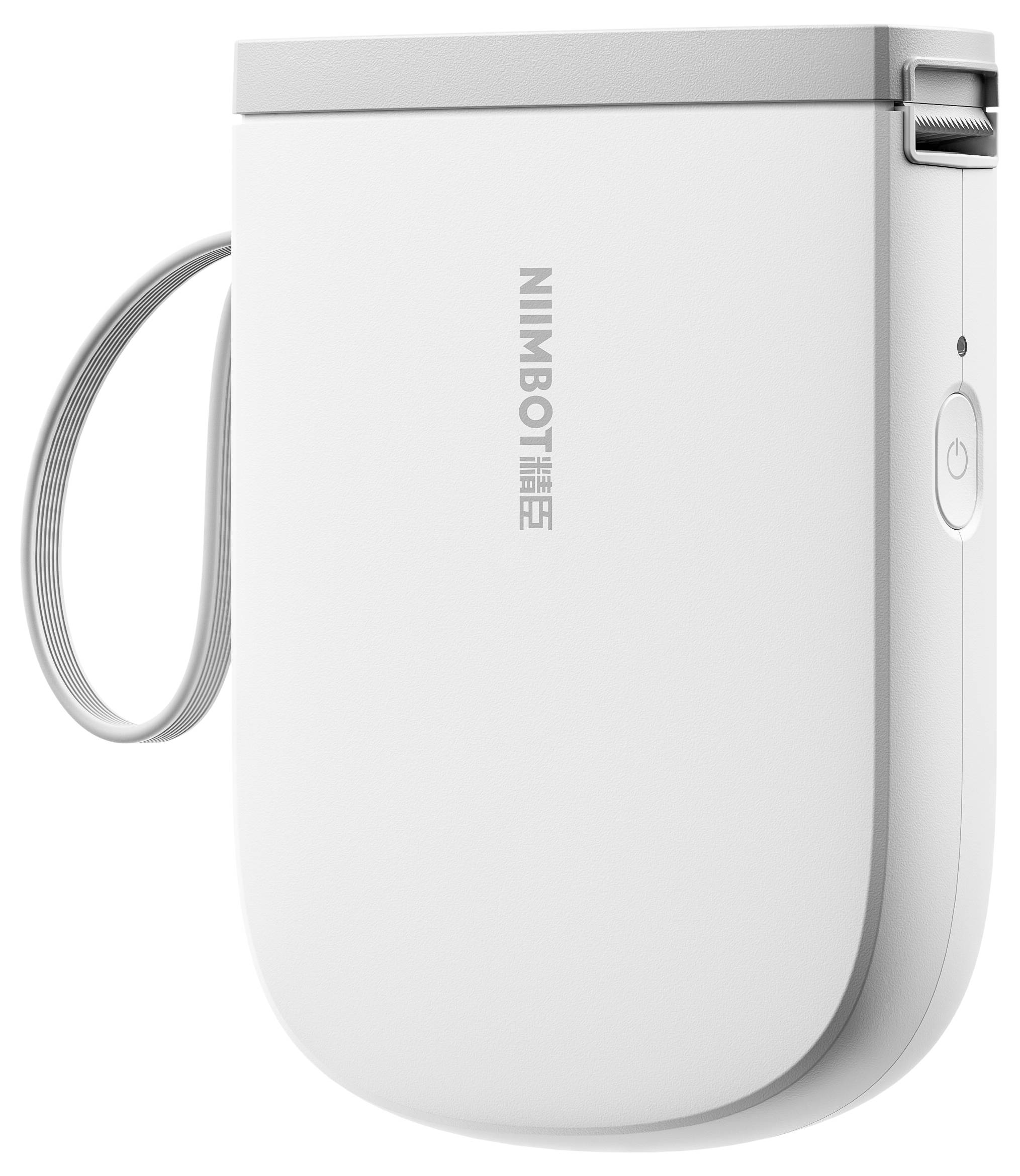 Biały, przenośny drukarka etykiet z napisem 'Nimbot' na boku i pętlą do noszenia.