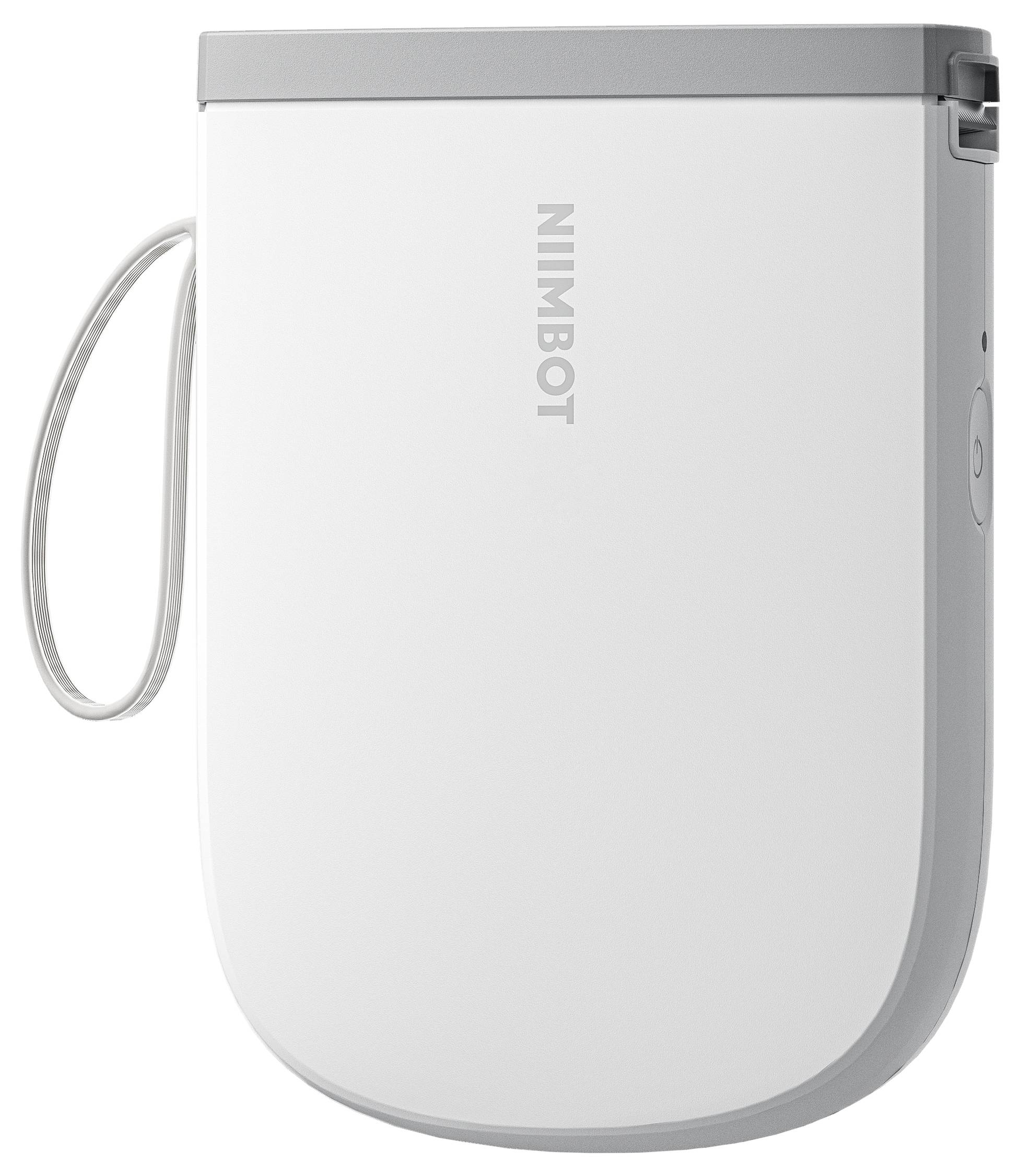 Przenośna drukarka etykiet w kolorze białym z szarą pokrywą. Nazwa marki 'NiiMbot' widoczna z boku. Kompaktowa i wyposażona w pasek do przenoszenia.