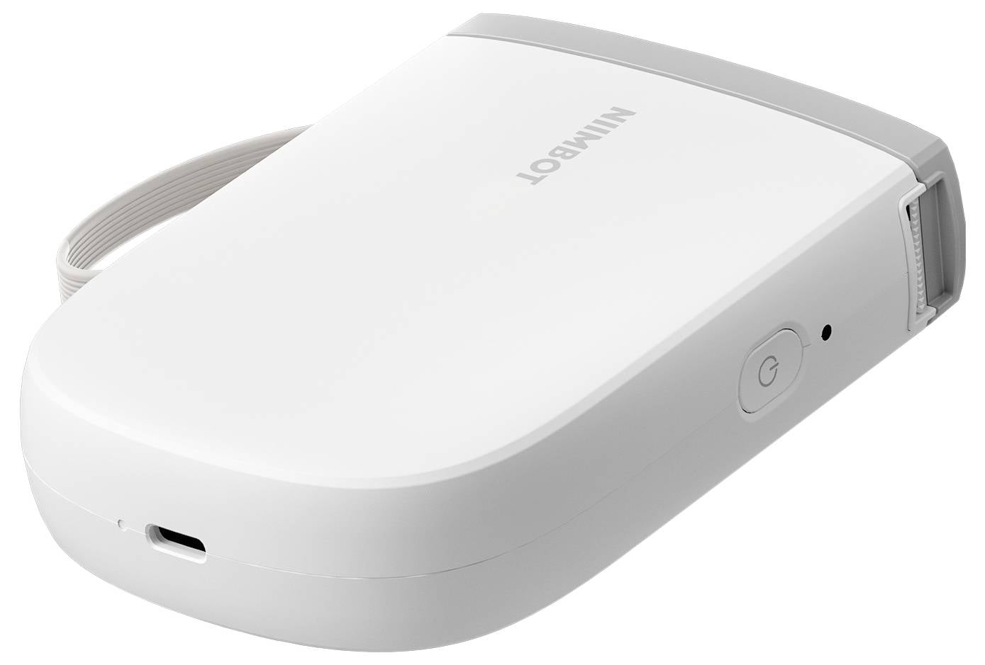 Przenośna, biała drukarka fotograficzna z szarymi akcentami i paskiem na nadgarstek. Z boku znajduje się przycisk włączania oraz gniazdo ładowania.