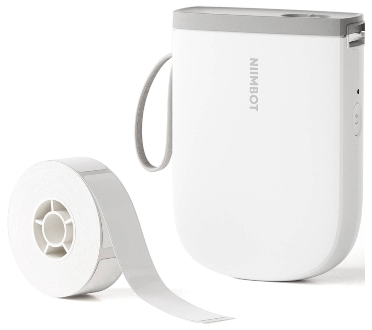 Przenośne białe urządzenie do druku etykiet umieszczone obok rolki papieru. Urządzenie posiada szarą górną powierzchnię i pionową sylwetkę.