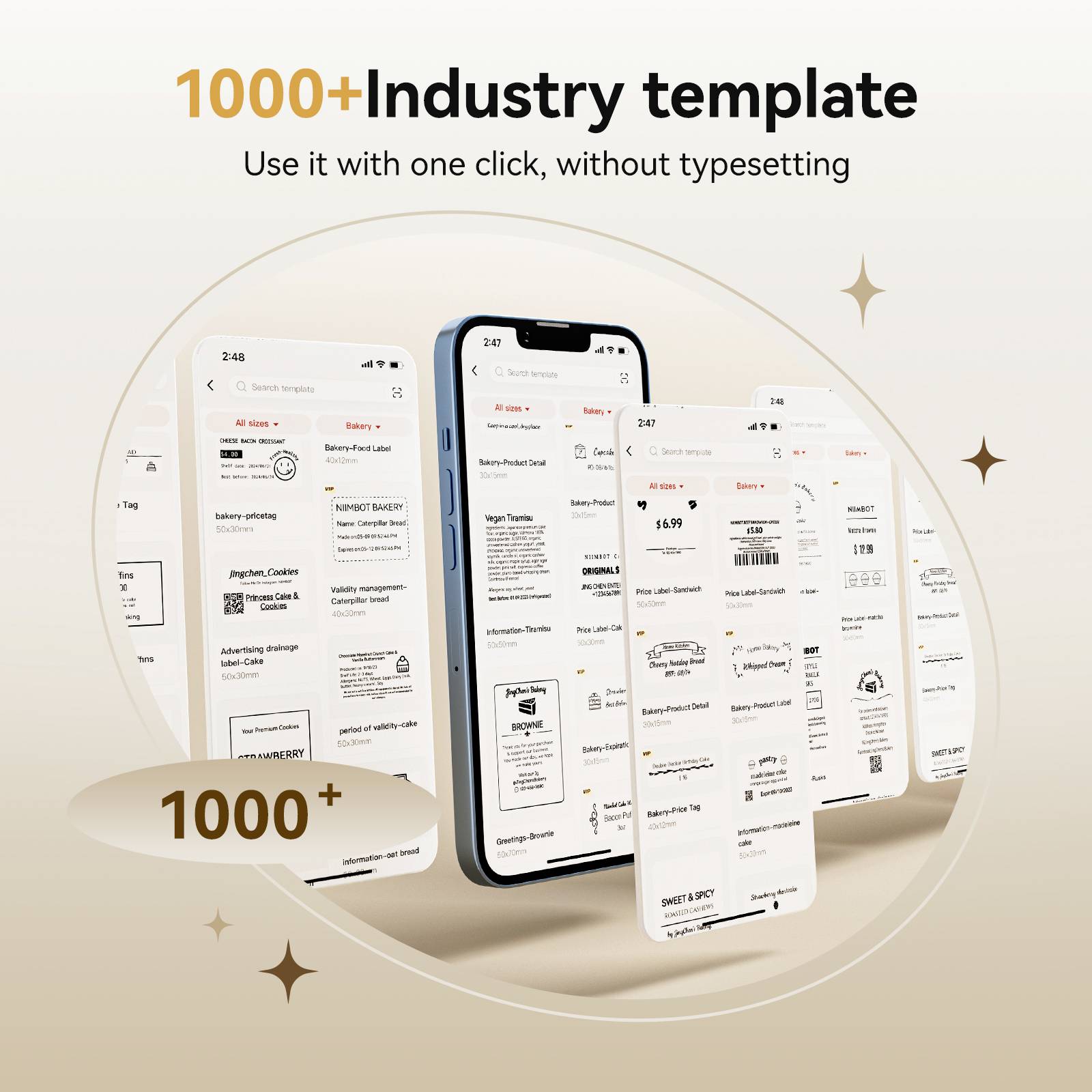 Kilka ekranów smartfonów wyświetla szablony zastosowań przemysłowych. Tekst: '1000+ szablonów przemysłowych, użyj ich jednym kliknięciem, bez wpisywania'.