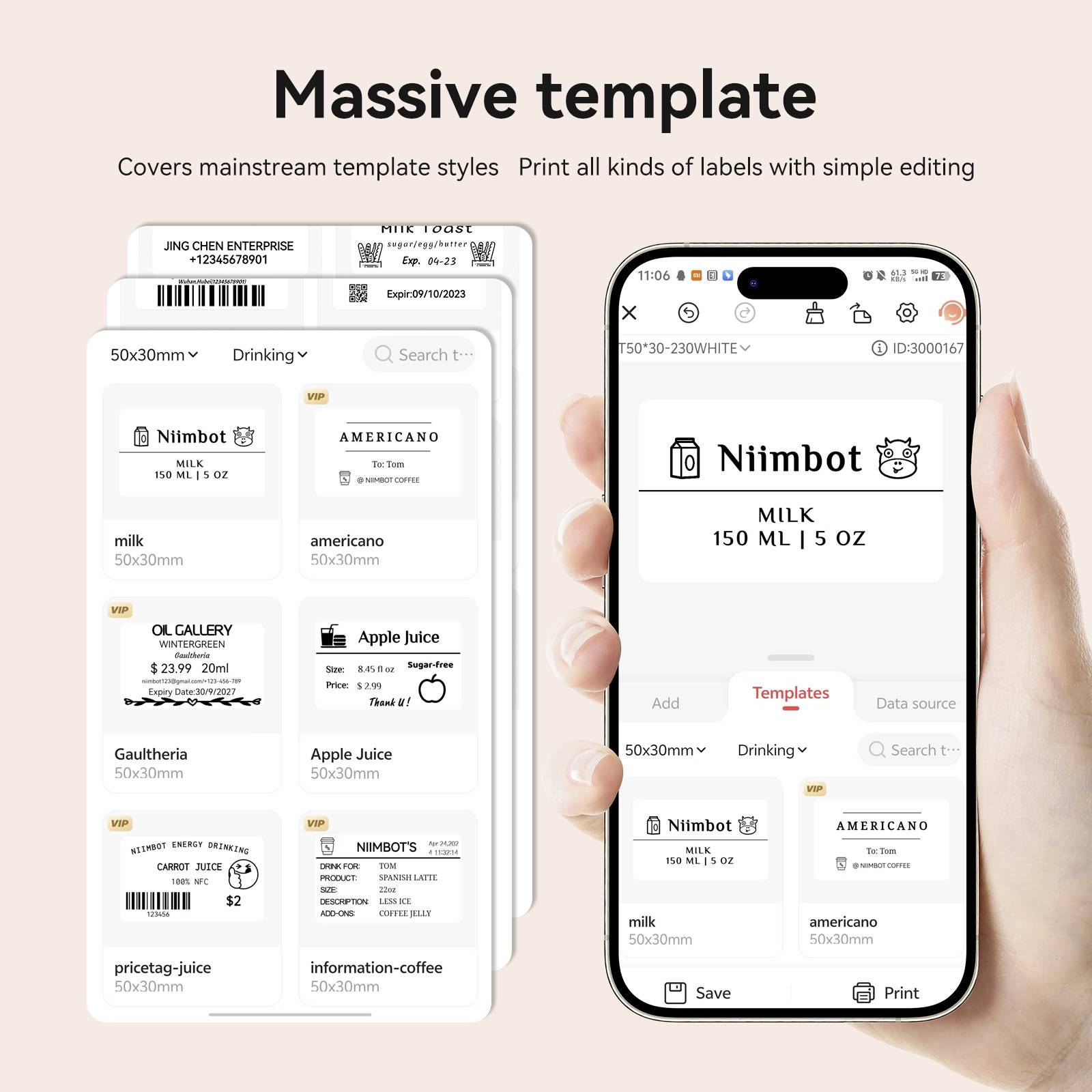 Smartfon, na którym wyświetlana jest aplikacja do etykiet. Na ekranie widoczne są różne projekty etykiet, w tym 'Niimbot'.