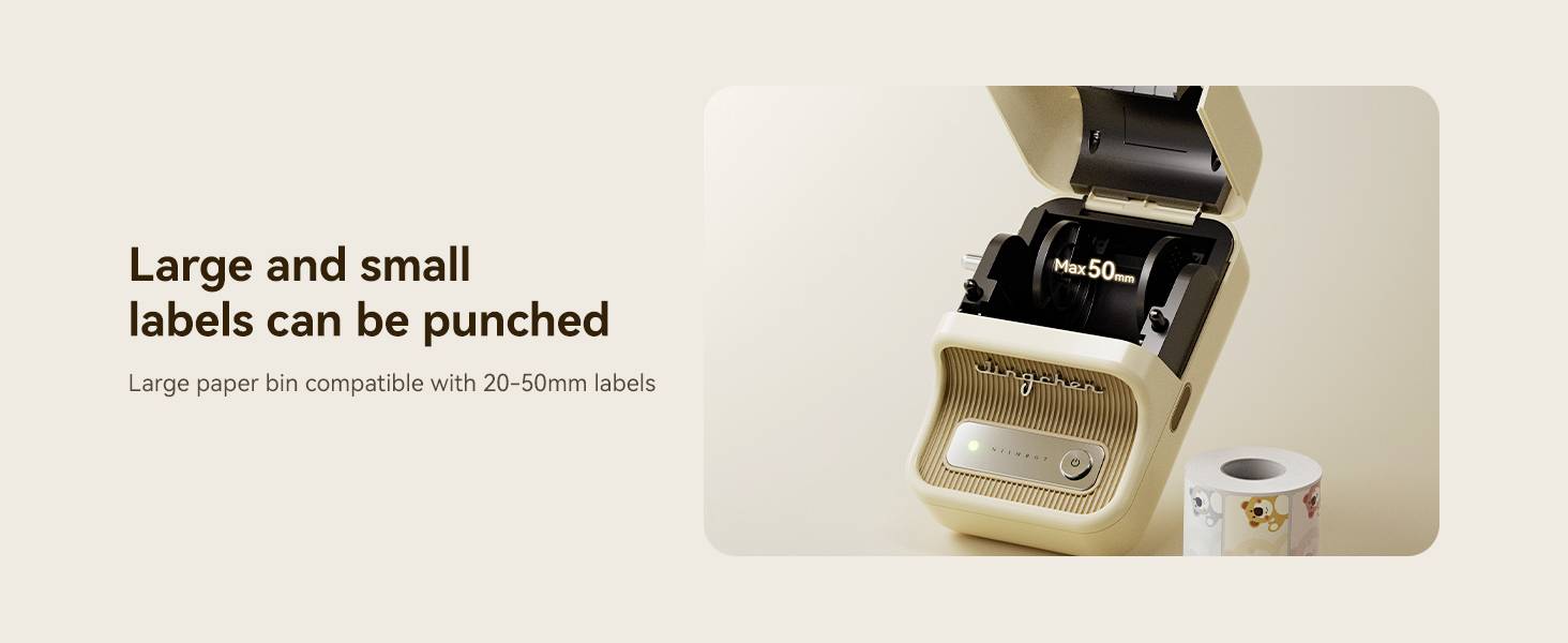 Drukarka etykiet z obsługą papieru małego i dużego formatu, kompatybilna z etykietami o szerokości 20-50 mm. Pokazana w otwartej konfiguracji z rolką etykiet.