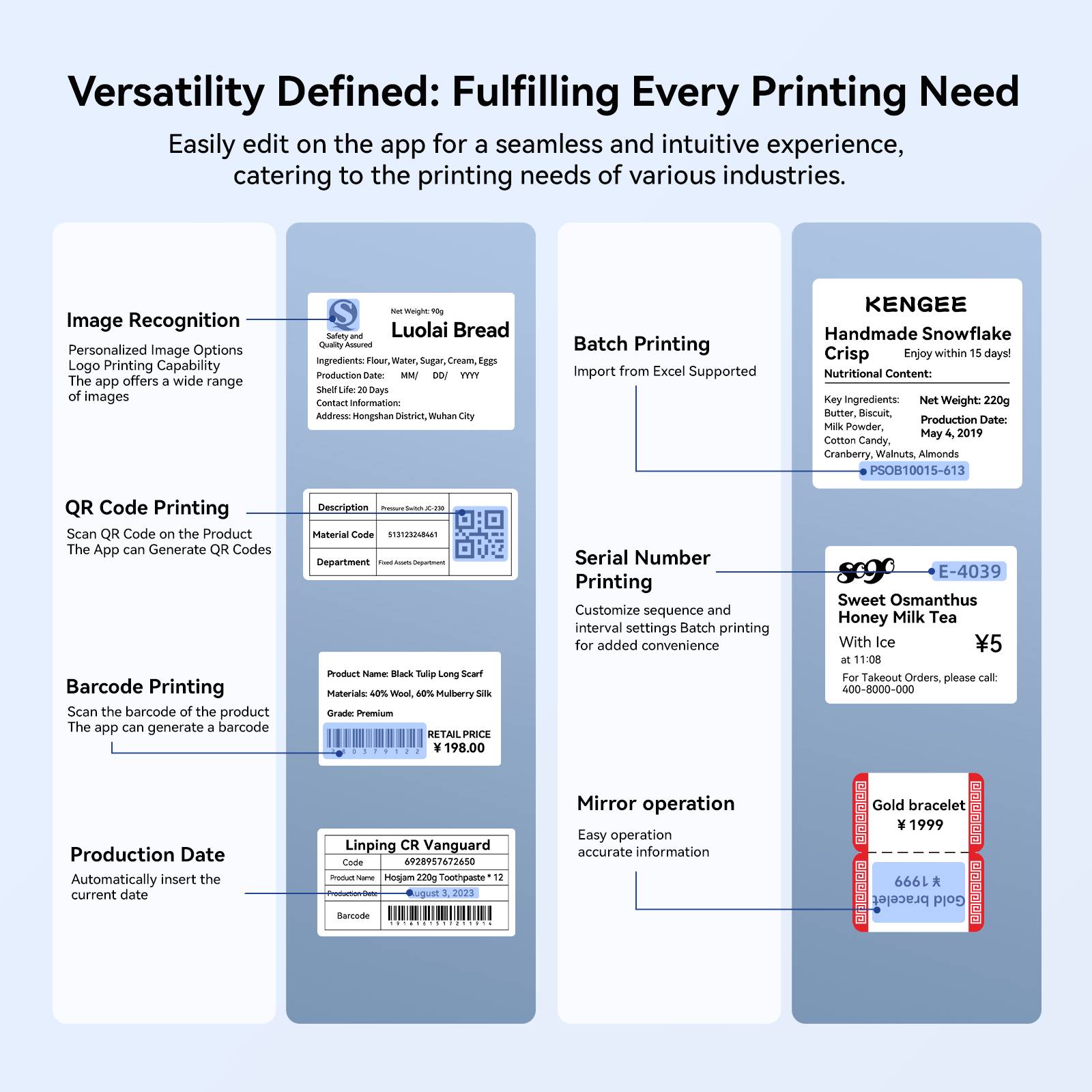 "Różnorodność zdefiniowana: Spełnienie każdego wymogu druku" opisuje funkcje aplikacji: kody obrazowe i QR, kody kreskowe, numery seryjne, produkcję, opcję lustrzanego odbicia.