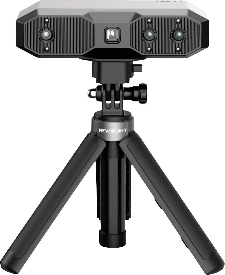 Skaner 3D na statywie z czterema czujnikami z przodu. Jest czarno-srebrny i stoi pionowo, umożliwiając precyzyjne pomiary.