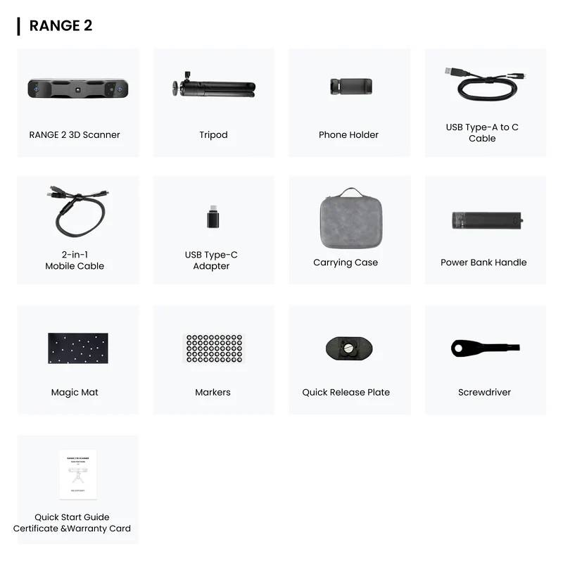Skaner 3D 'RANGE 2' z akcesoriami: statyw, uchwyt na telefon, kabel USB, kabel mobilny, adapter, torba transportowa, uchwyt do powerbanku, mata magnetyczna, marker, szybkowymienna płytka, śrubokręt.