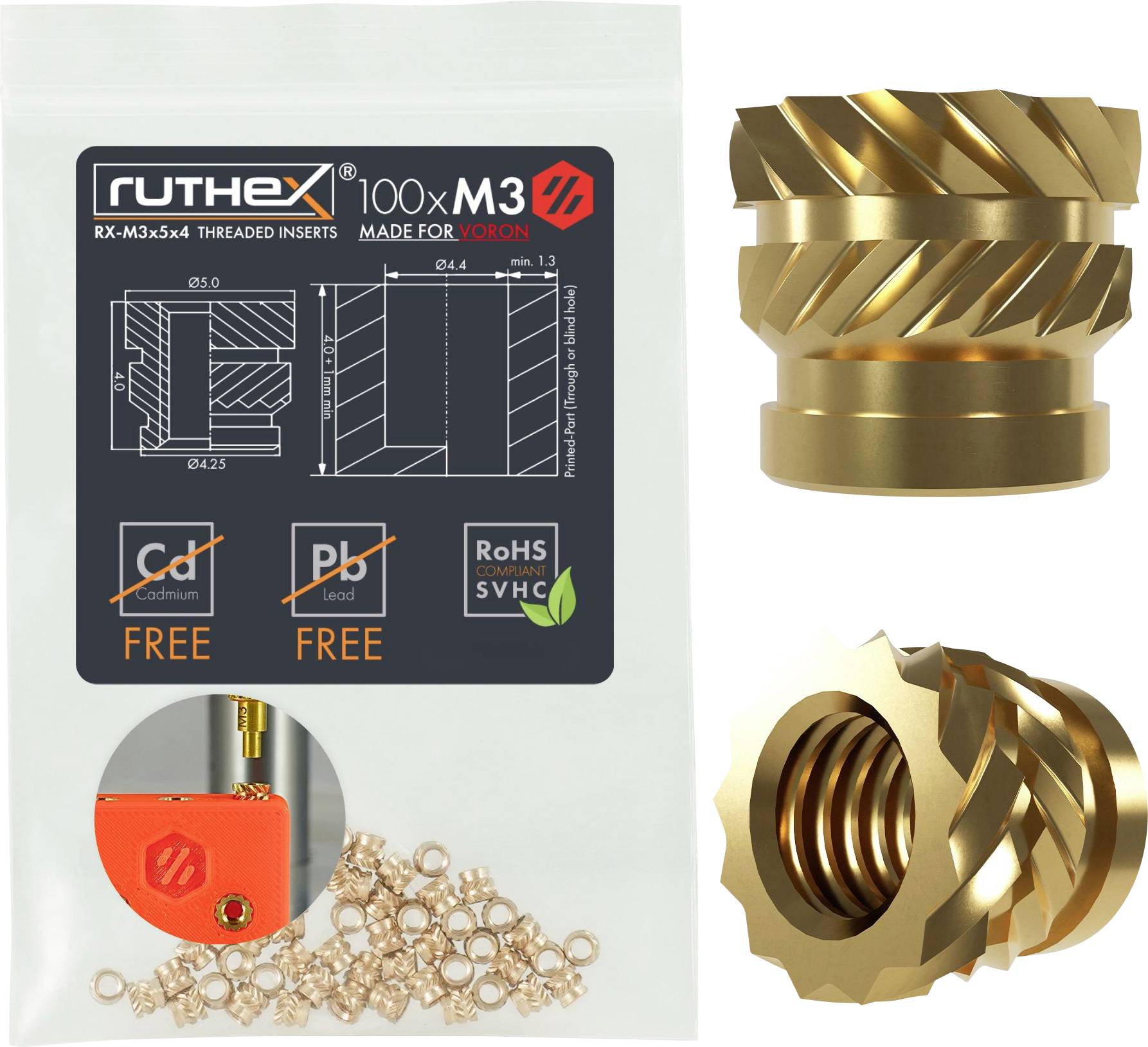 'Opakowanie zawiera 100 wkładek gwintowanych od ruthex, wolnych od kadmu i ołowiu. Dwa złote wkłady gwintowane oraz diagramy zastosowania są przedstawione.'