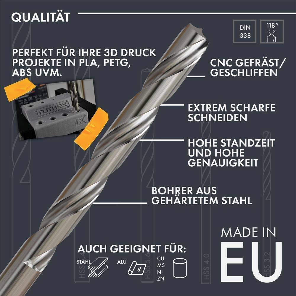 Wiertło w zbliżeniu z tekstem 'Idealny do projektów druku 3D w PLA, PETG, ABS'. Opisy materiałów i jakości. Wyprodukowano w UE.