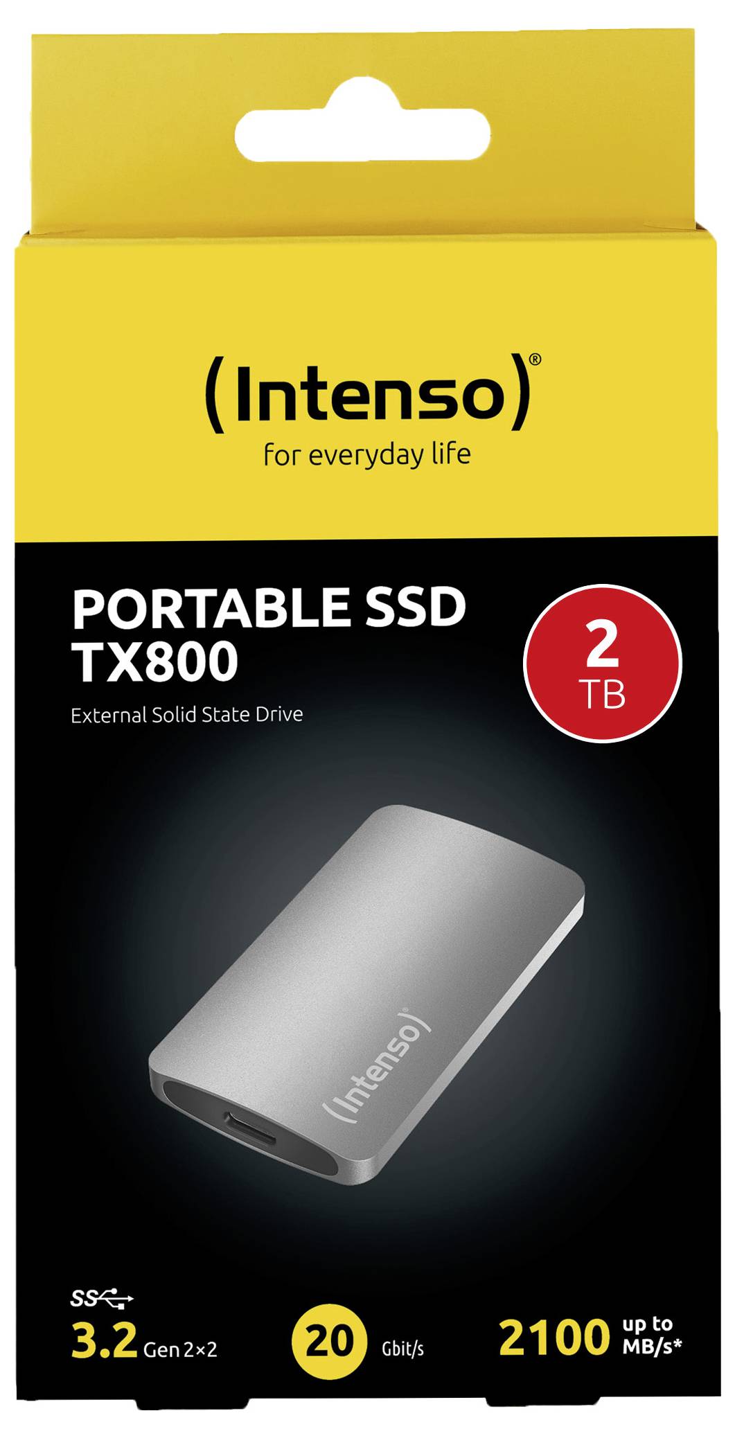 Zewnętrzny dysk SSD Intenso TX800 2 TB w opakowaniu, w żółto-czarnym designie, oferuje wysoką prędkość transferu do 2100 MB/s.