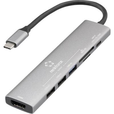 Smukły, srebrny hub USB-C z wieloma portami, w tym HDMI, USB-A i gniazda kart SD, oznaczony etykietą 'renkforce'.