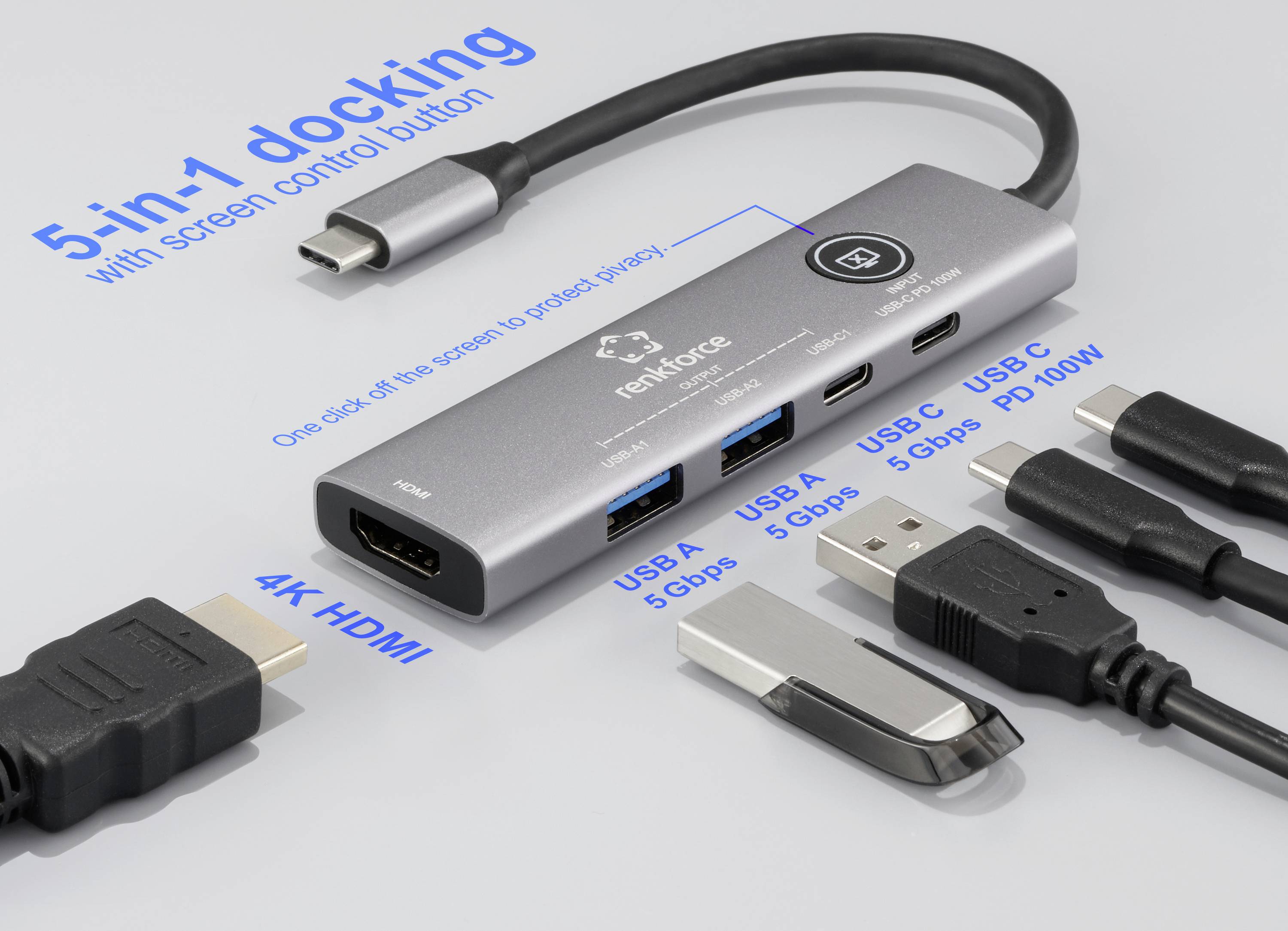 Stacja dokująca '5-w-1' wyposażona w 4K HDMI, dwa porty USB A 5 Gbps, port USB C PD 100W oraz wejście USB C, oznaczona specyfikacjami.