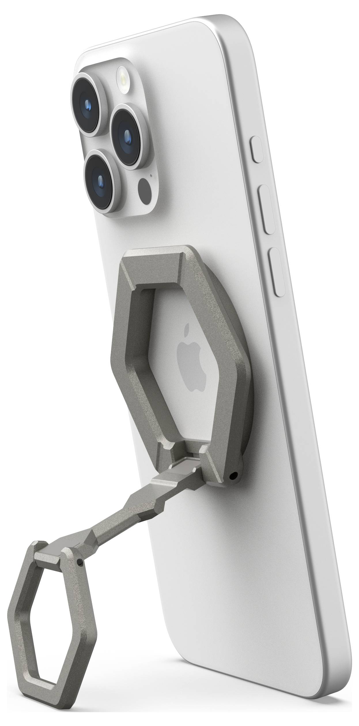 Smartfon z sześciokątnym uchwytem na tylnej części, który wydaje się być zamocowany do jakiejś powierzchni.