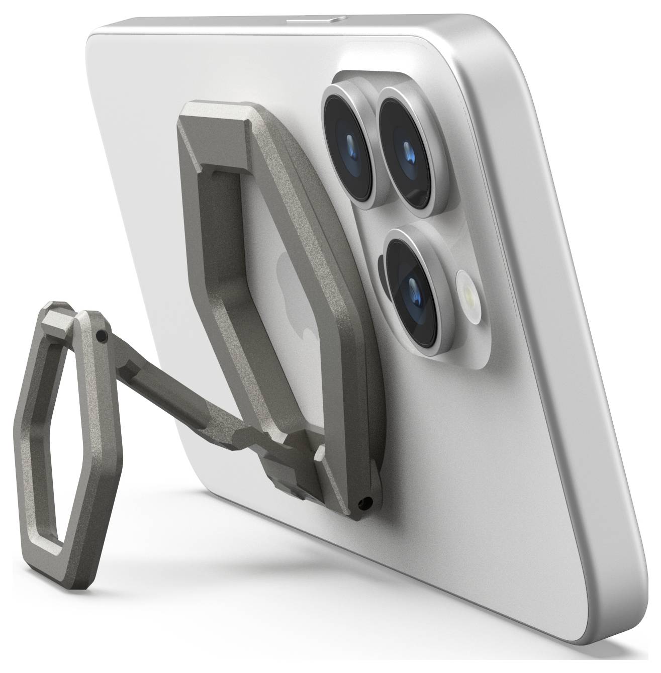Srebrny smartfon z potrójnym aparatem, z szarym, składanym stojakiem przymocowanym z tyłu.