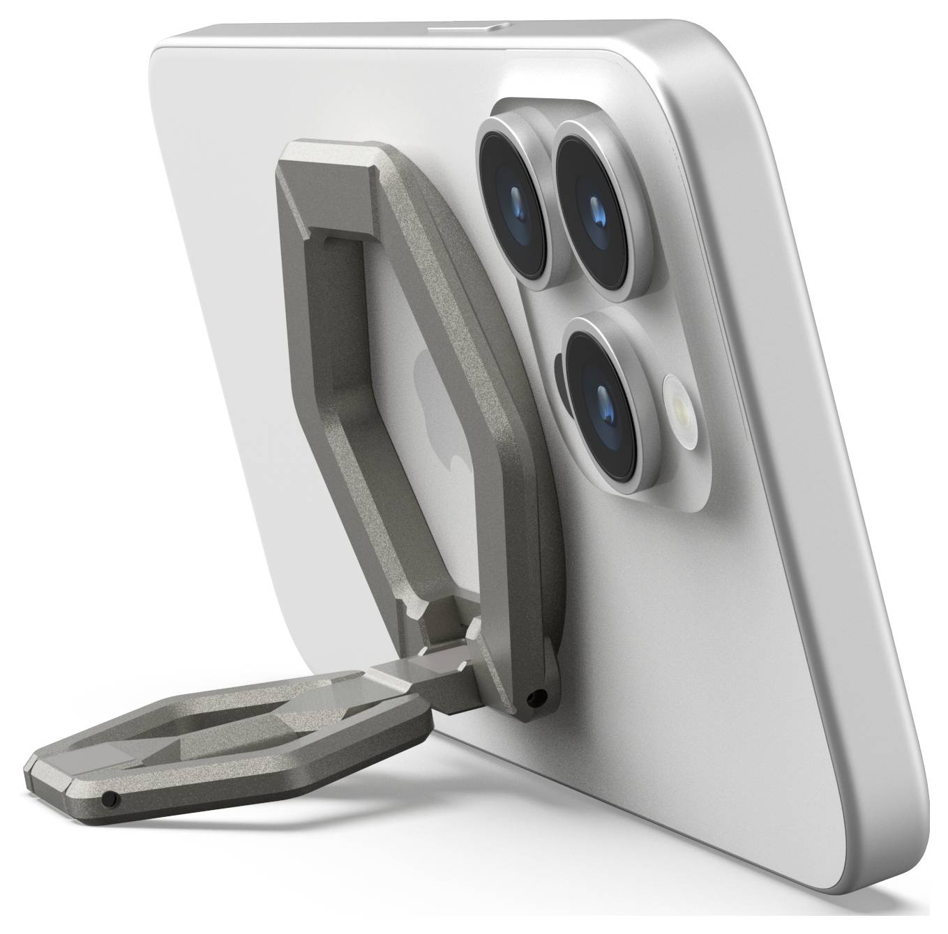 Smartfon z potrójnym aparatem pokazuje zamontowany uchwyt metalowy. Uchwyt może służyć jako podstawka lub chwyt.