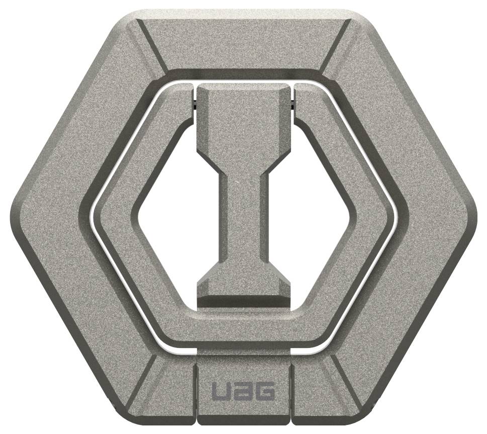 Sześciokątny metalowy stojak z centralnym mechanizmem mocującym, odpowiedni dla urządzeń mobilnych, z napisem 'UAG' na krawędzi.